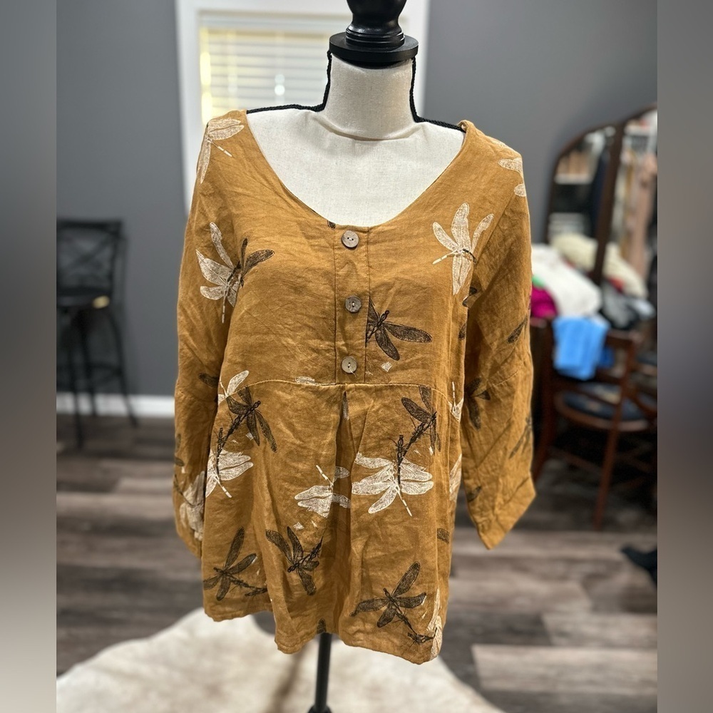 Viola Borghi Top Size Medium Linen Dragon Fly Shirt 3/4 Sleeve Linen